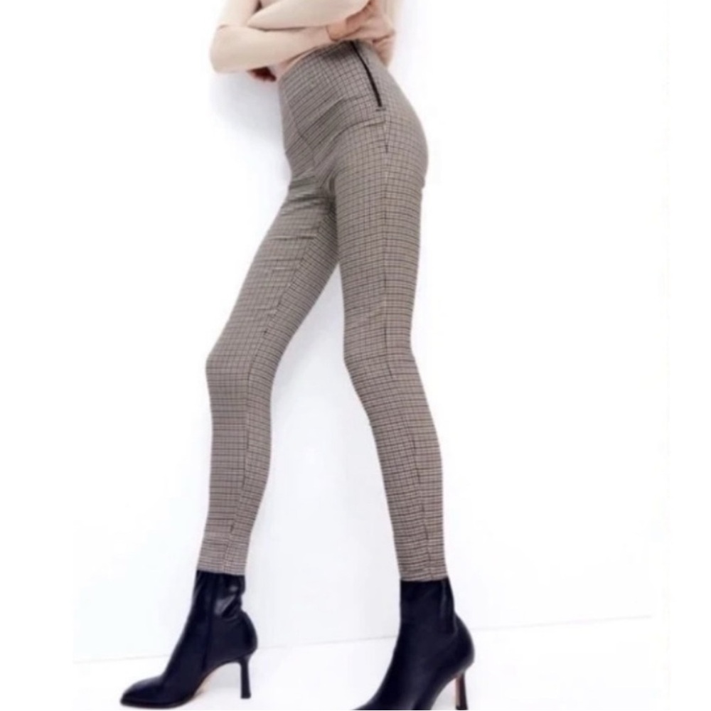 Zara Brown Gingham Checked Leggings Pull On Pants size L